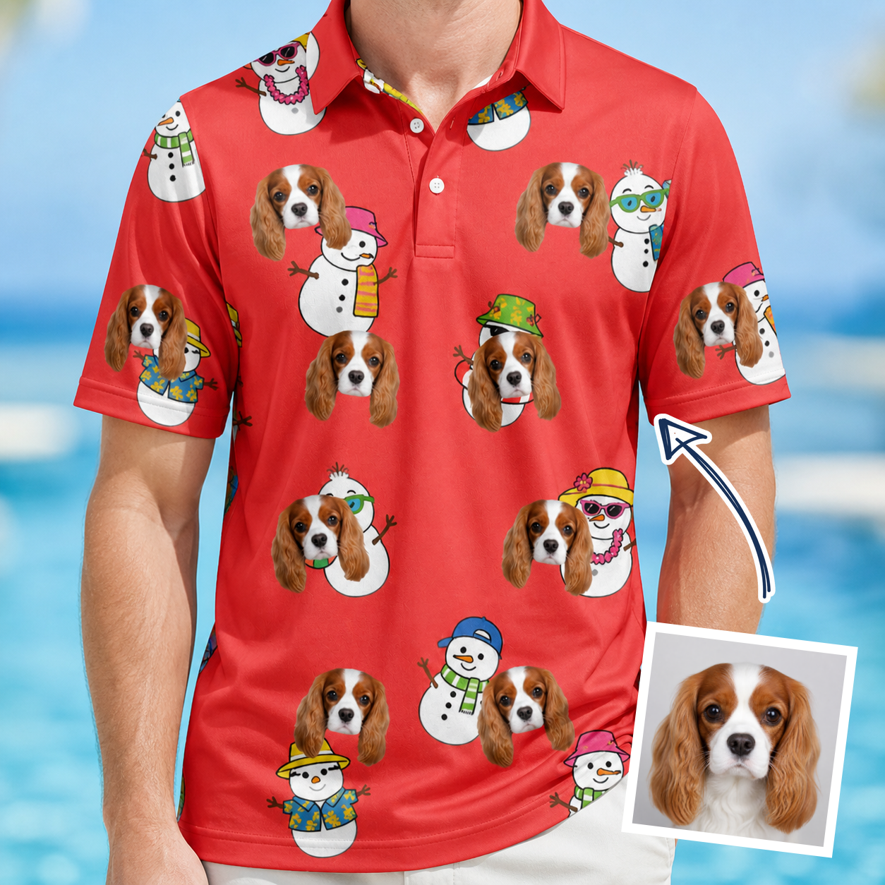 Man wearing Men's Polar Pantomime Custom Dog Face Polo Shirt — custom faces printed all-over