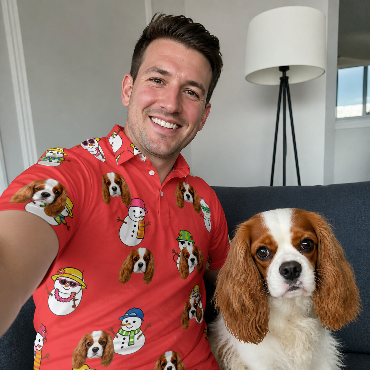 Selfie with the pet whose face is printed all over this Men's Polar Pantomime Custom Dog Face Polo Shirt