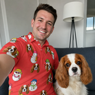 Selfie with the pet whose face is printed all over this Men's Polar Pantomime Custom Dog Face Polo Shirt