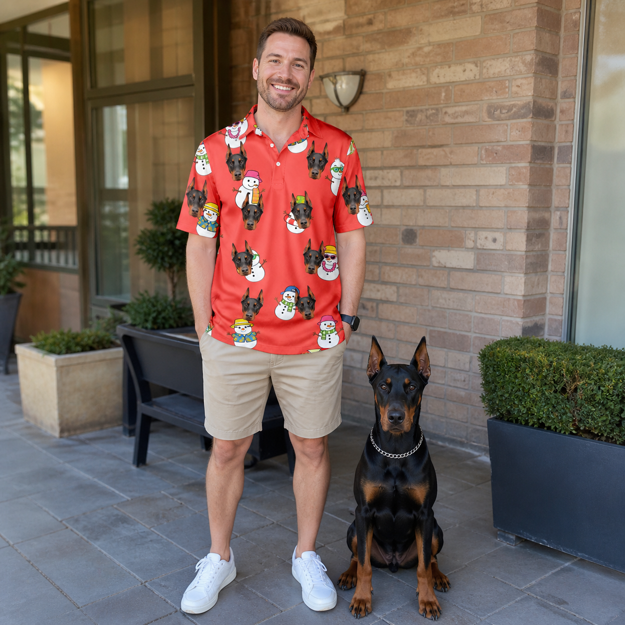Full-length photo with the pet printed all over this Men's Polar Pantomime Custom Dog Face Polo Shirt