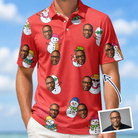 Man wearing Men's Polar Pantomime Custom Face Polo Shirt — custom faces printed all-over