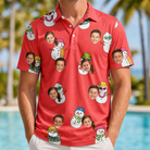 Model wearing Men's Polar Pantomime Custom Face Polo Shirt printed with kids' faces