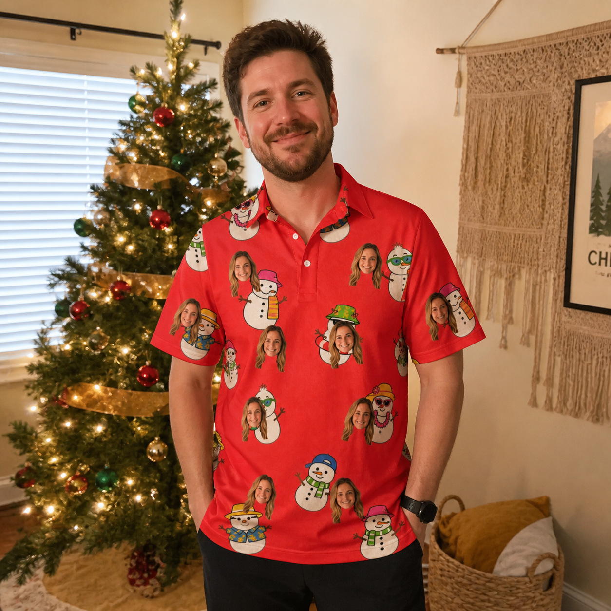 Real-life photo of someone wearing Men's Polar Pantomime Custom Face Polo Shirt — custom faces printed all-over