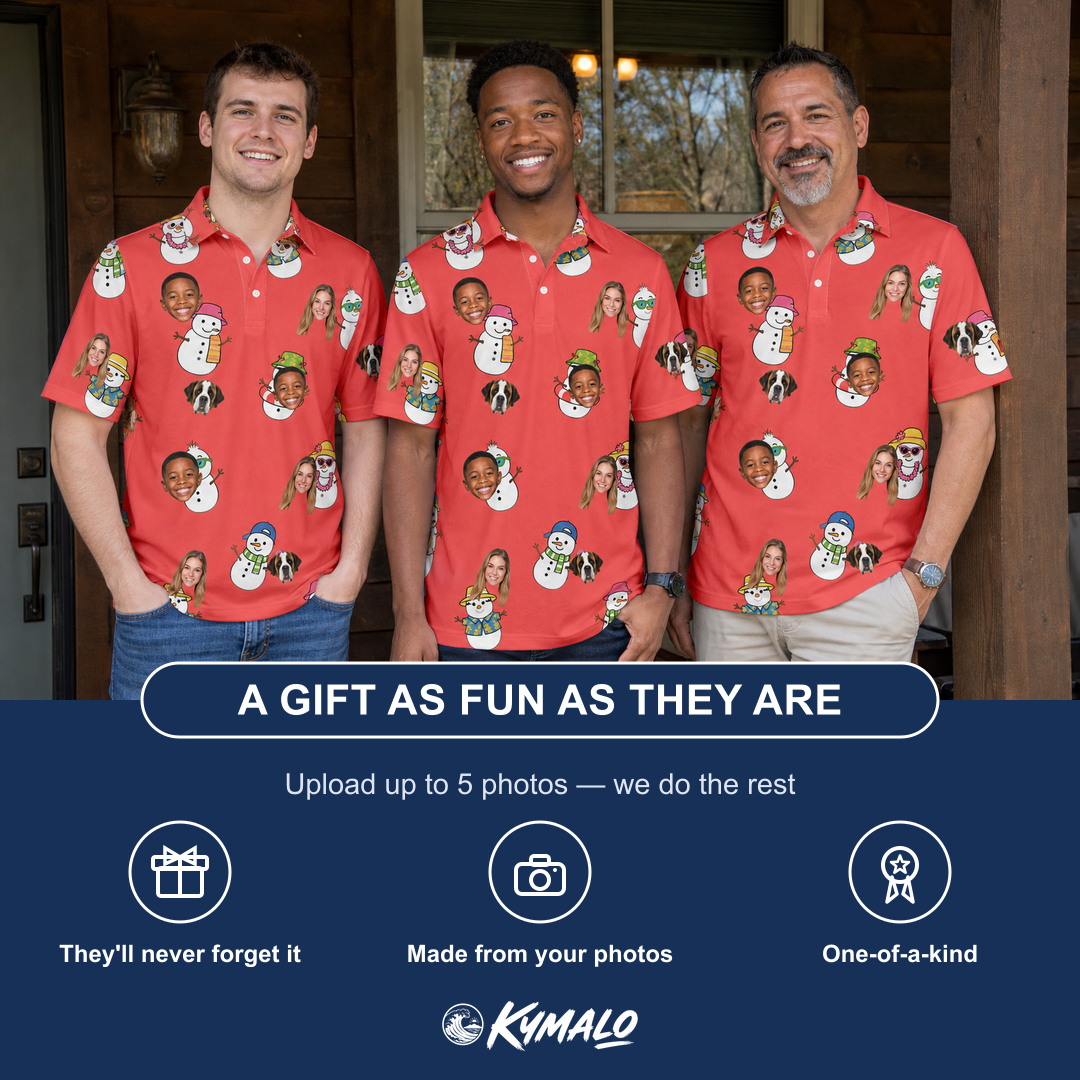 Friends in matching Men's Polar Pantomime Custom Face Polo Shirt — a group gift photo