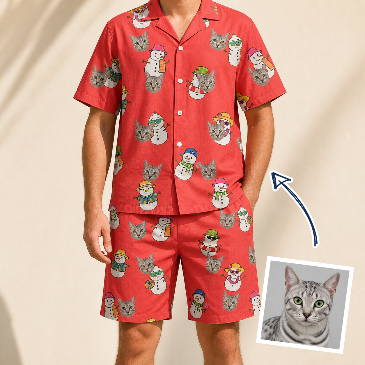 Man wearing Men's Polar Pantomime Custom Cat Face Shirt & Shorts Set — custom faces printed all-over