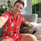 Selfie with the pet whose face is printed all over this Men's Polar Pantomime Custom Cat Face Shirt & Shorts Set