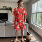 Full-length photo with the pet printed all over this Men's Polar Pantomime Custom Cat Face Shirt & Shorts Set