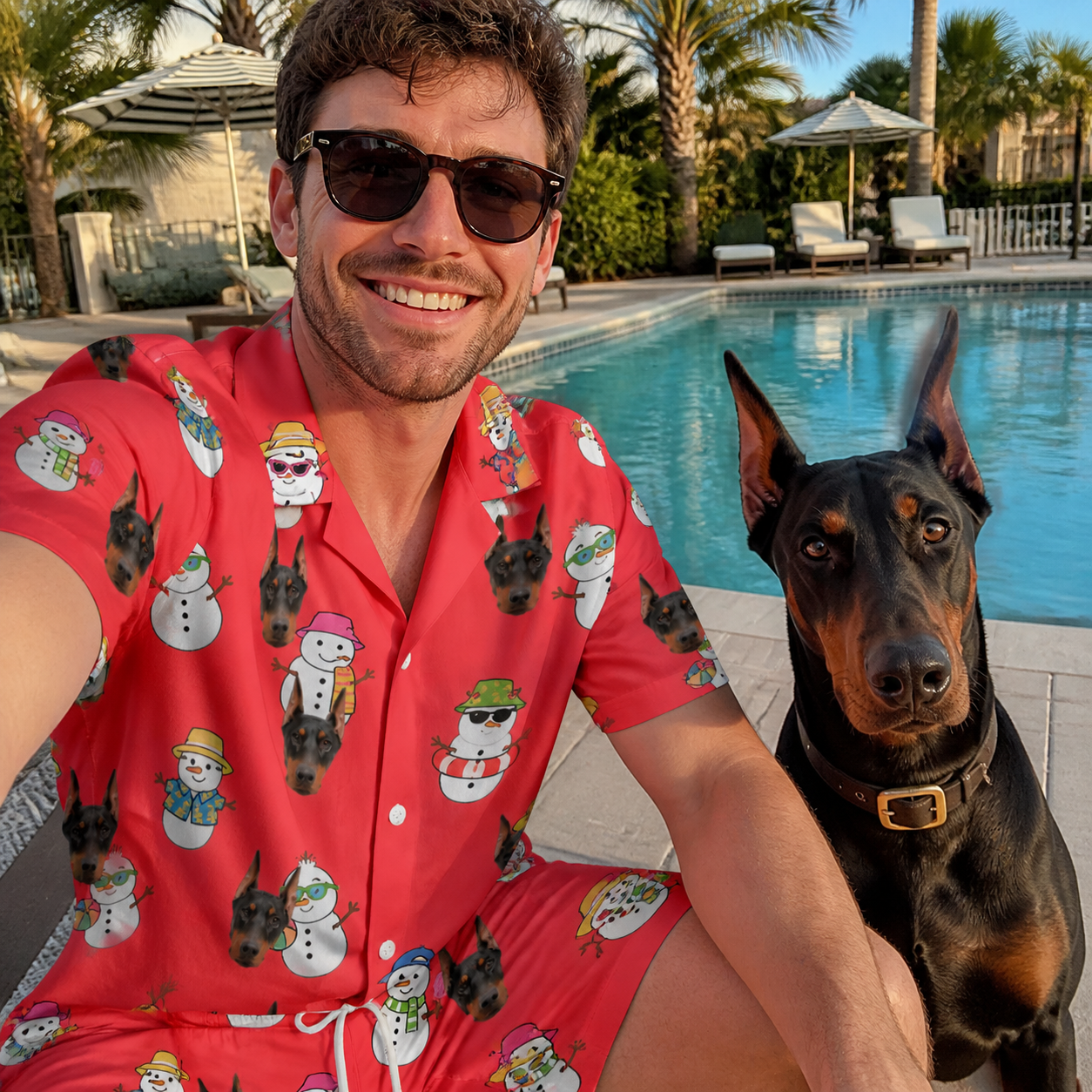 Selfie with the pet whose face is printed all over this Men's Polar Pantomime Custom Dog Face Shirt & Shorts Set