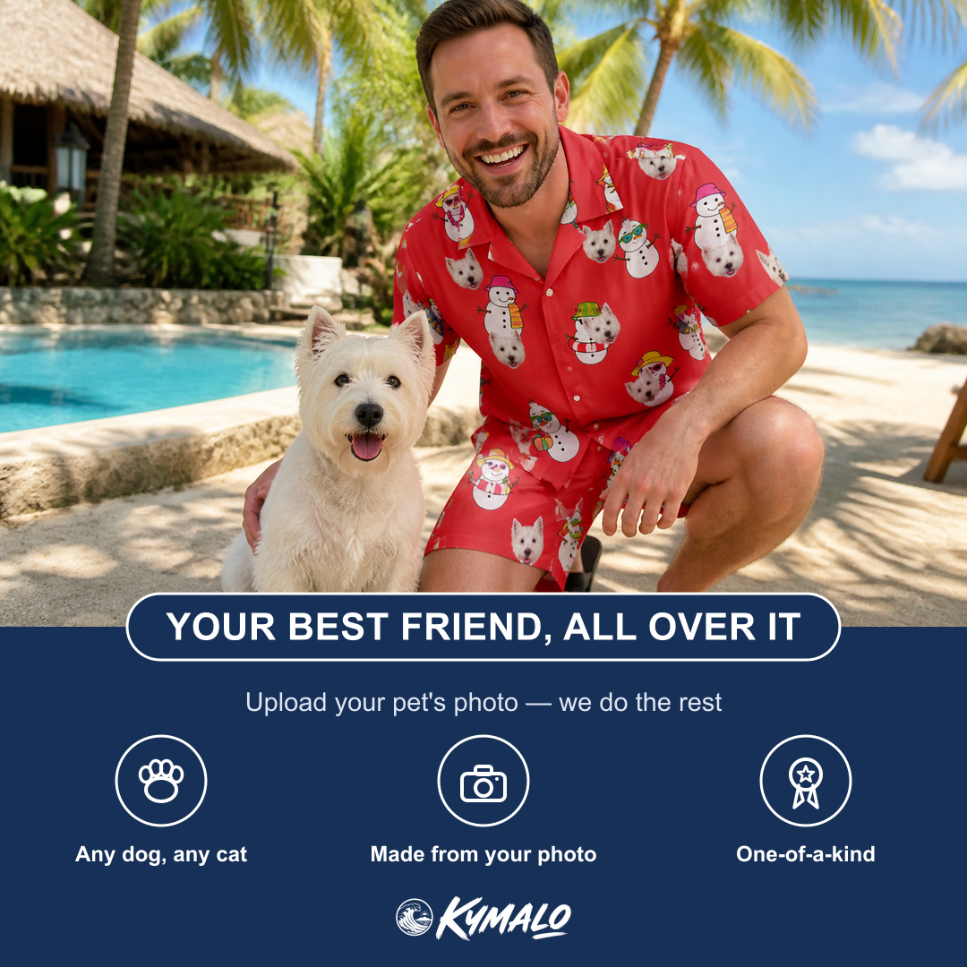 Friends in matching Men's Polar Pantomime Custom Dog Face Shirt & Shorts Set — a group gift photo