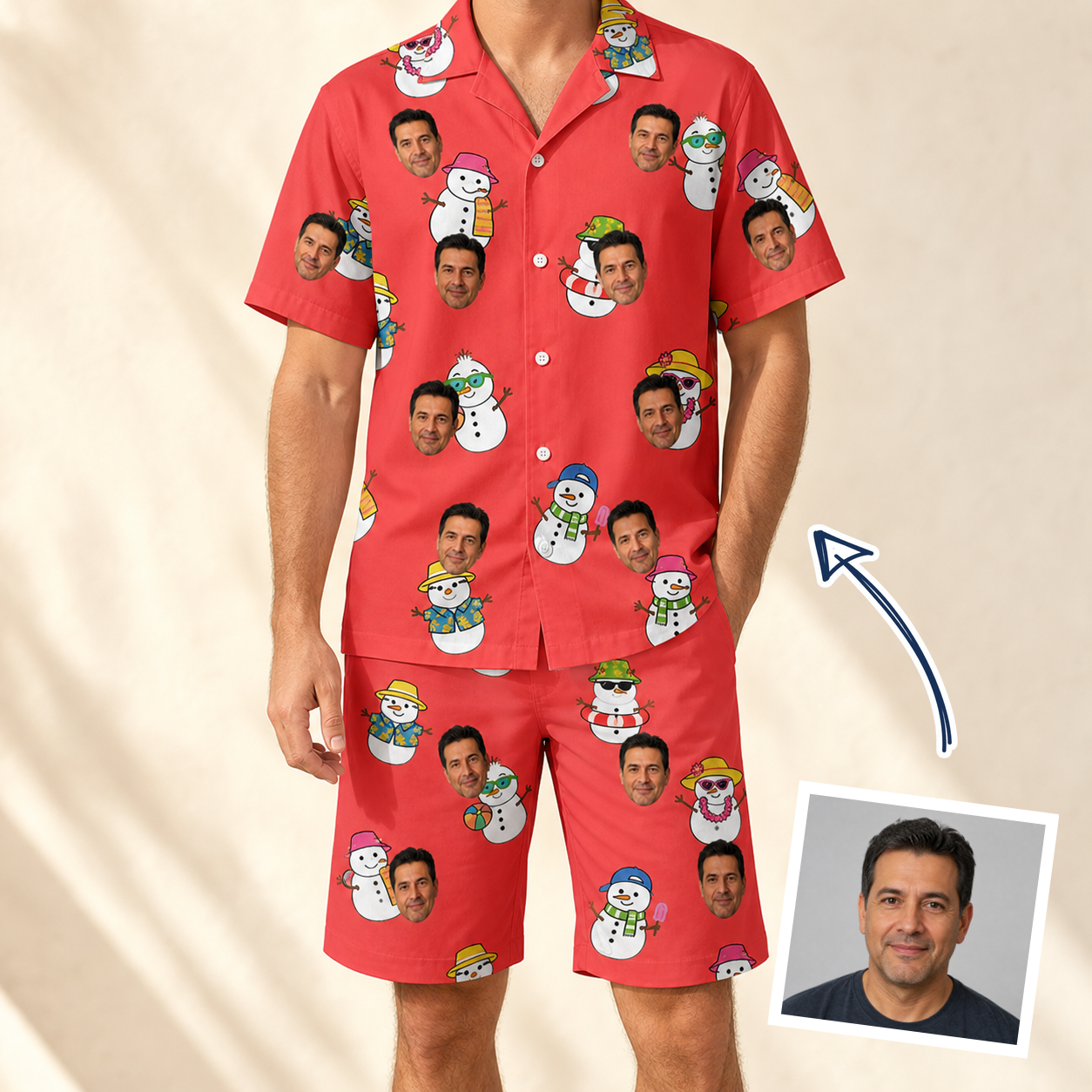 Man wearing Men's Polar Pantomime Custom Face Shirt & Shorts Set — custom faces printed all-over