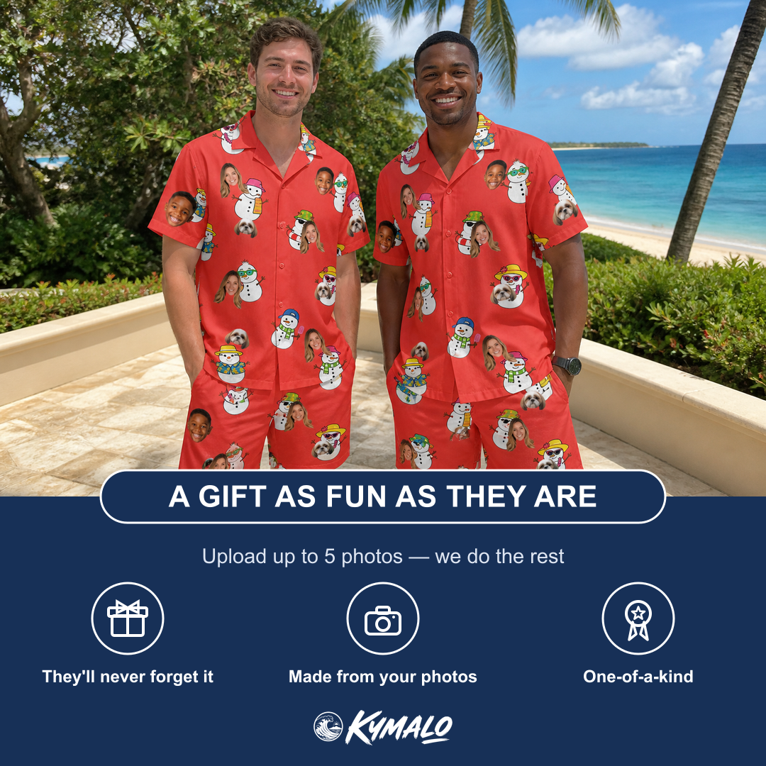 Friends in matching Men's Polar Pantomime Custom Face Shirt & Shorts Set — a group gift photo