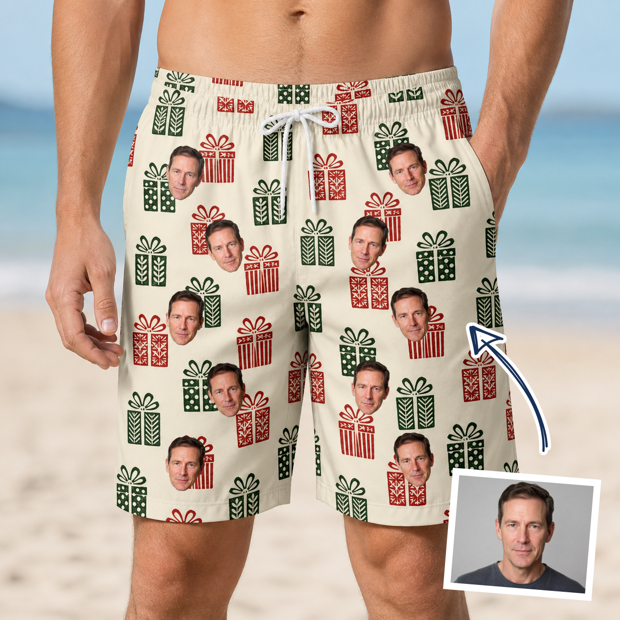 Man wearing Men's Bowtiful Bundles Custom Face Beach Shorts — custom faces printed all-over