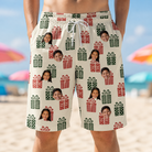 Model wearing Men's Bowtiful Bundles Custom Face Beach Shorts printed with kids' faces