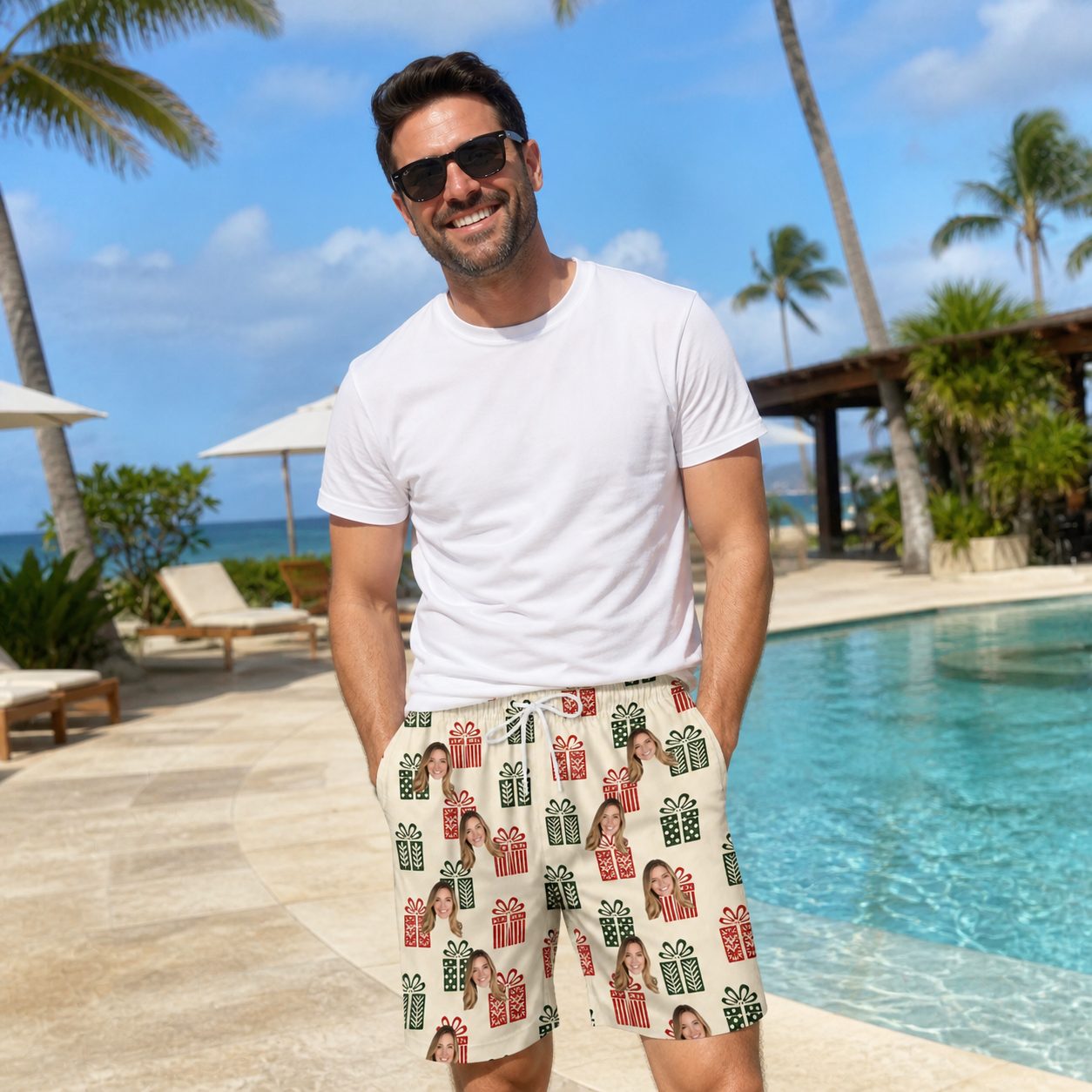 Real-life photo of someone wearing Men's Bowtiful Bundles Custom Face Beach Shorts — custom faces printed all-over