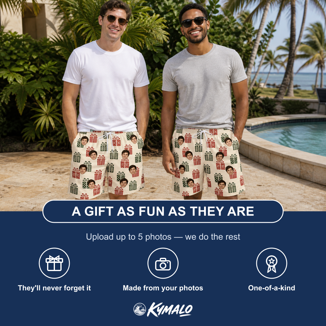 Friends in matching Men's Bowtiful Bundles Custom Face Beach Shorts — a group gift photo