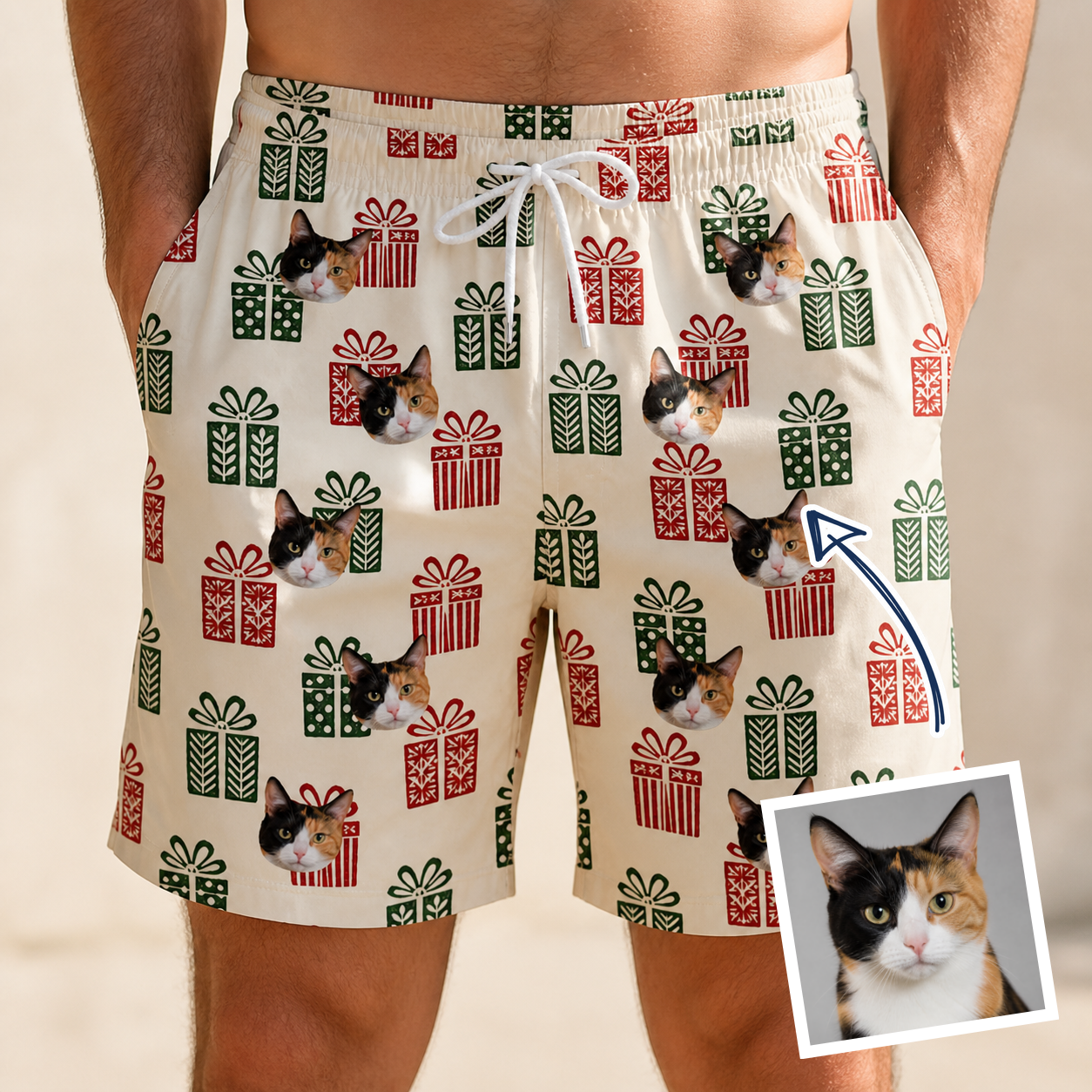Man wearing Men's Bowtiful Bundles Custom Cat Face Beach Shorts — custom faces printed all-over
