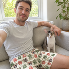 Selfie with the pet whose face is printed all over this Men's Bowtiful Bundles Custom Cat Face Beach Shorts