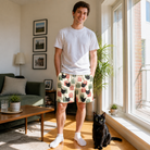 Full-length photo with the pet printed all over this Men's Bowtiful Bundles Custom Cat Face Beach Shorts