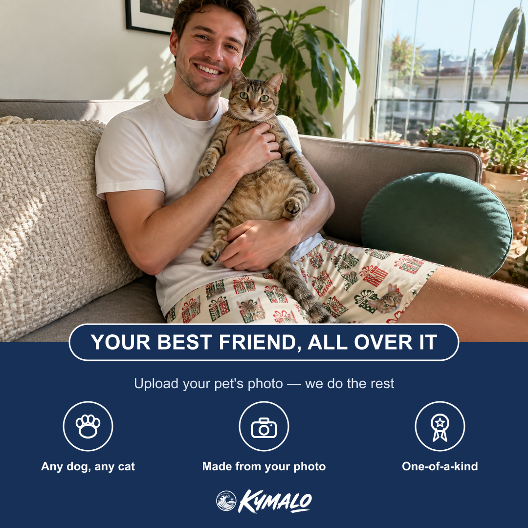 Friends in matching Men's Bowtiful Bundles Custom Cat Face Beach Shorts — a group gift photo