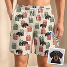 Man wearing Men's Bowtiful Bundles Custom Dog Face Beach Shorts — custom faces printed all-over