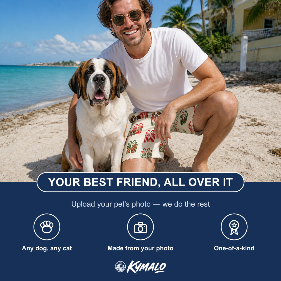 Friends in matching Men's Bowtiful Bundles Custom Dog Face Beach Shorts — a group gift photo