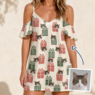 Woman wearing Women's Bowtiful Bundles Custom Cat Face Off-Shoulder Dress — custom faces printed all-over