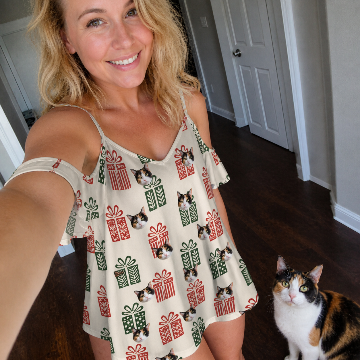 Selfie with the pet whose face is printed all over this Women's Bowtiful Bundles Custom Cat Face Off-Shoulder Dress