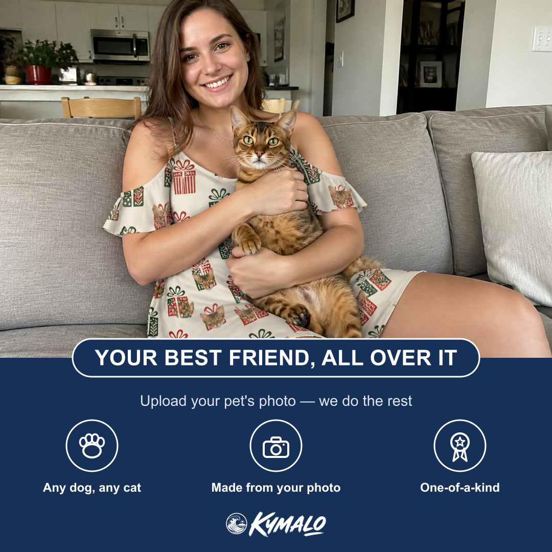 Friends in matching Women's Bowtiful Bundles Custom Cat Face Off-Shoulder Dress — a group gift photo