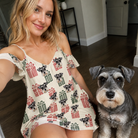 Selfie with the pet whose face is printed all over this Women's Bowtiful Bundles Custom Dog Face Off-Shoulder Dress