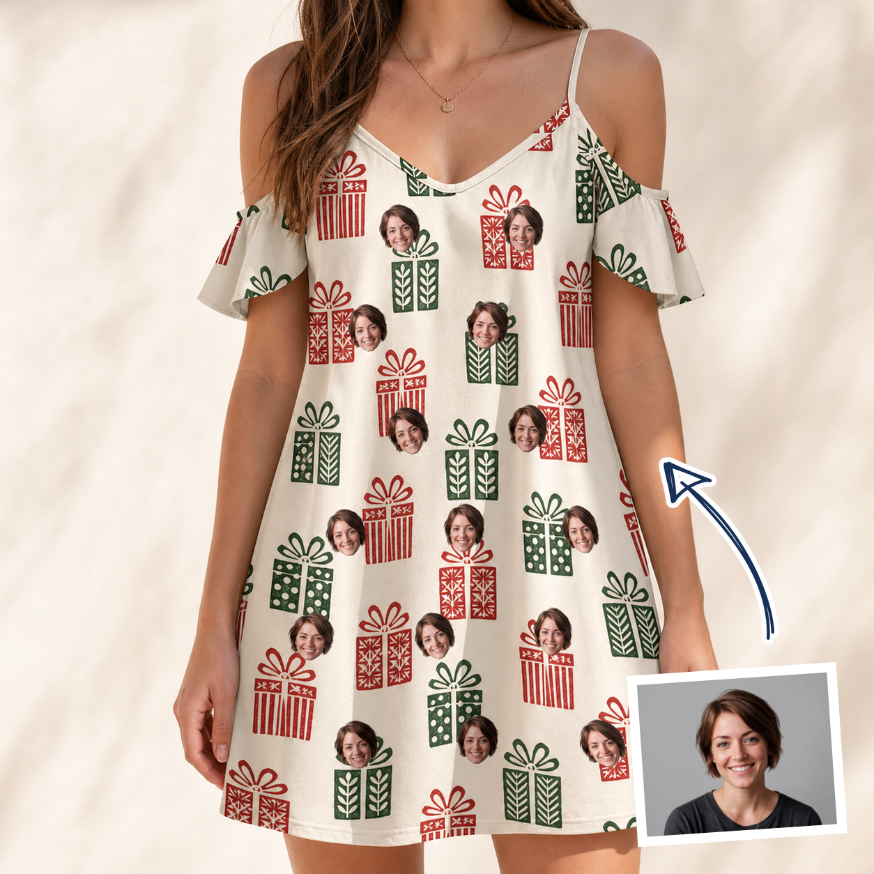 Woman wearing Women's Bowtiful Bundles Custom Face Off-Shoulder Dress — custom faces printed all-over
