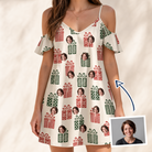 Woman wearing Women's Bowtiful Bundles Custom Face Off-Shoulder Dress — custom faces printed all-over