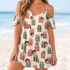 Model wearing Women's Bowtiful Bundles Custom Face Off-Shoulder Dress printed with kids' faces