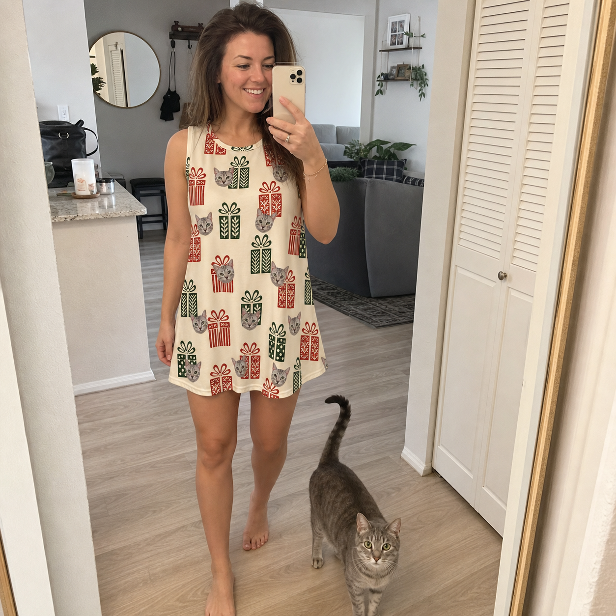 Full-length photo with the pet printed all over this Women's Bowtiful Bundles Custom Cat Face Tank Dress