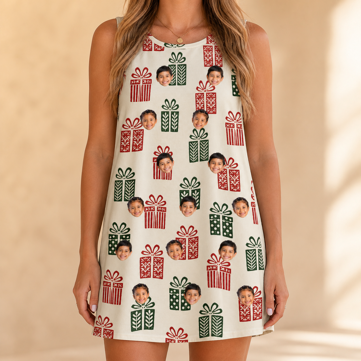 Model wearing Women's Bowtiful Bundles Custom Face Tank Dress printed with kids' faces