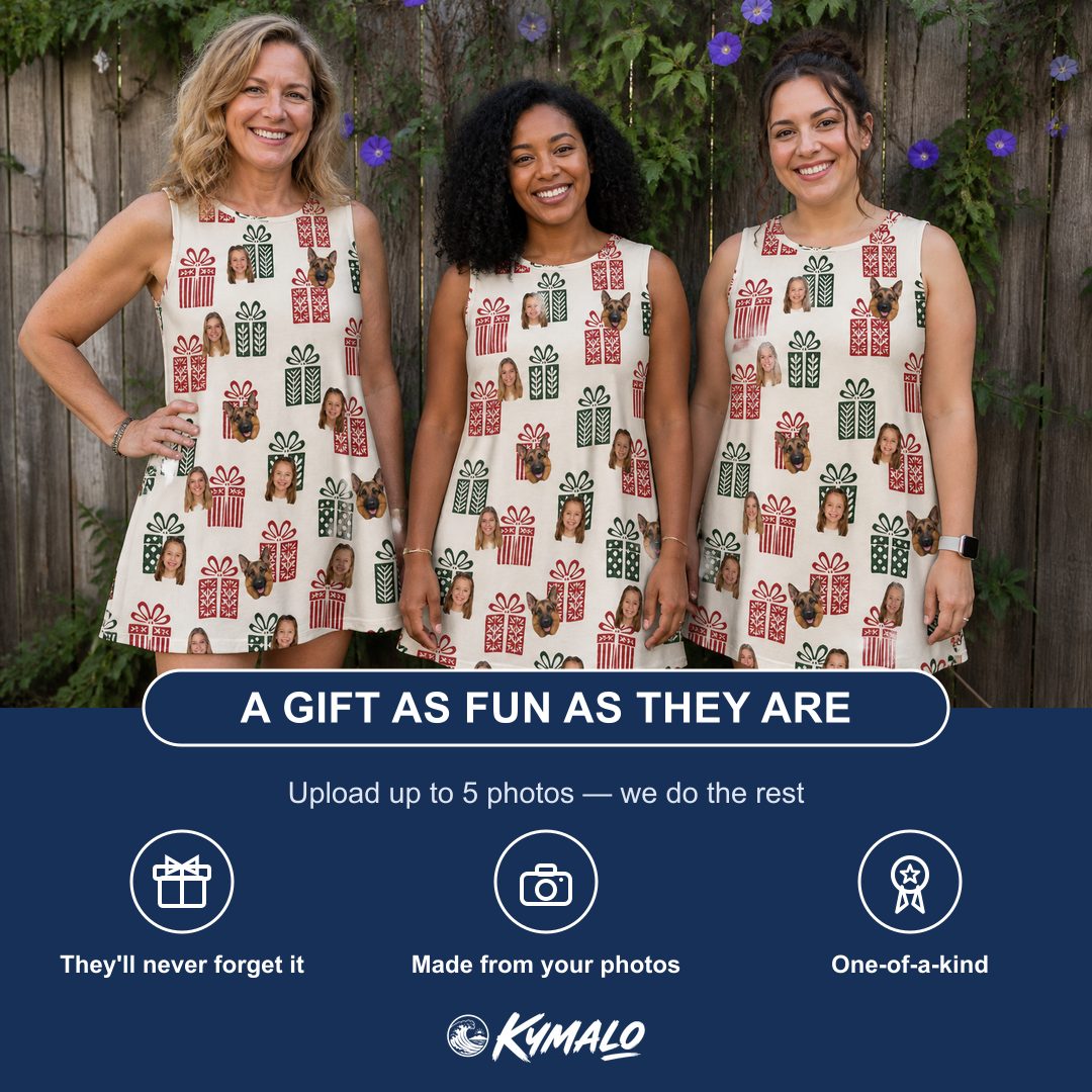Friends in matching Women's Bowtiful Bundles Custom Face Tank Dress — a group gift photo