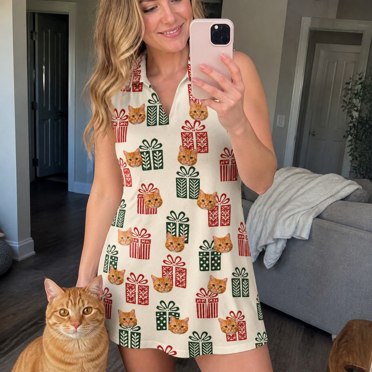 Selfie with the pet whose face is printed all over this Women's Bowtiful Bundles Custom Cat Face V-Neck Dress