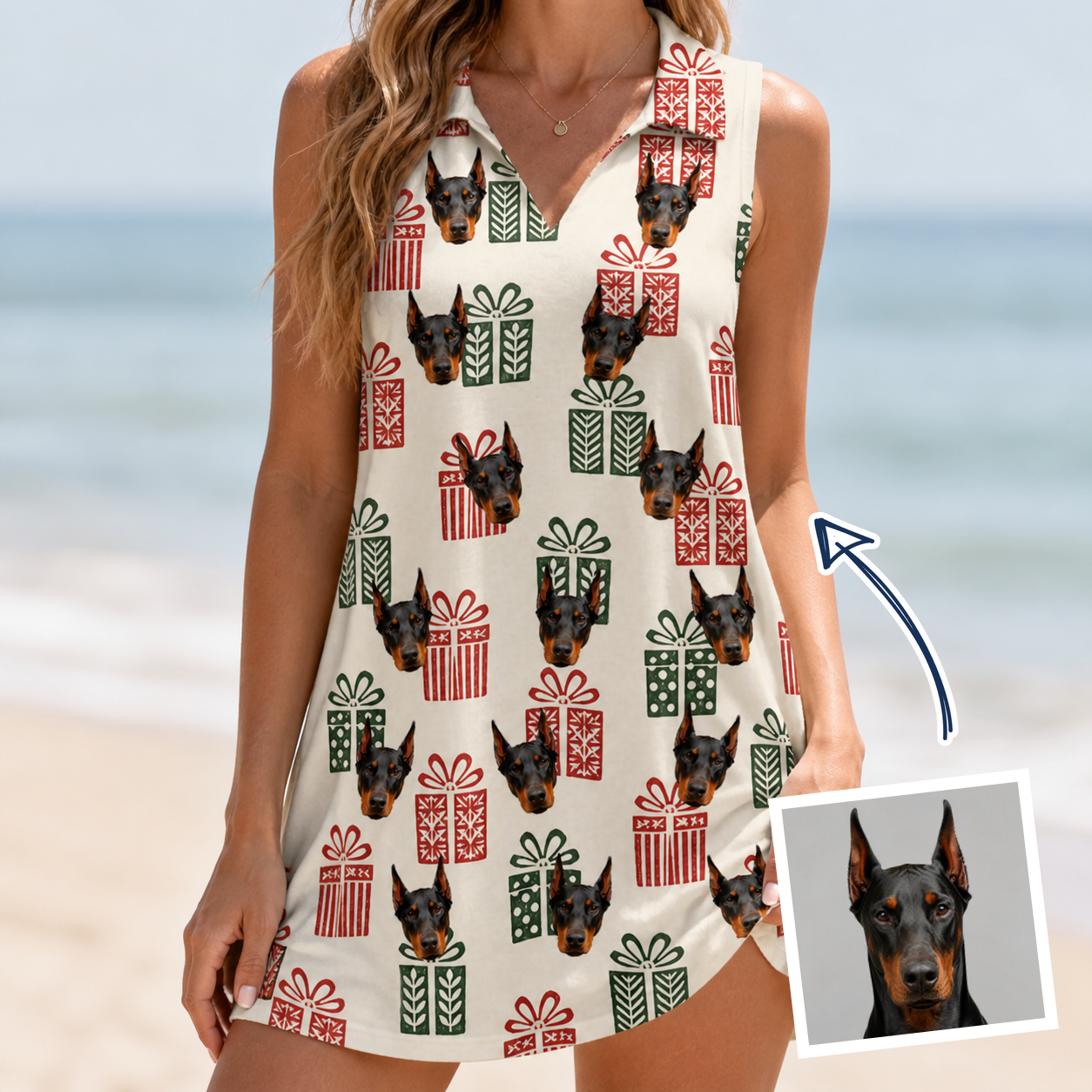 Woman wearing Women's Bowtiful Bundles Custom Dog Face V-Neck Dress — custom faces printed all-over