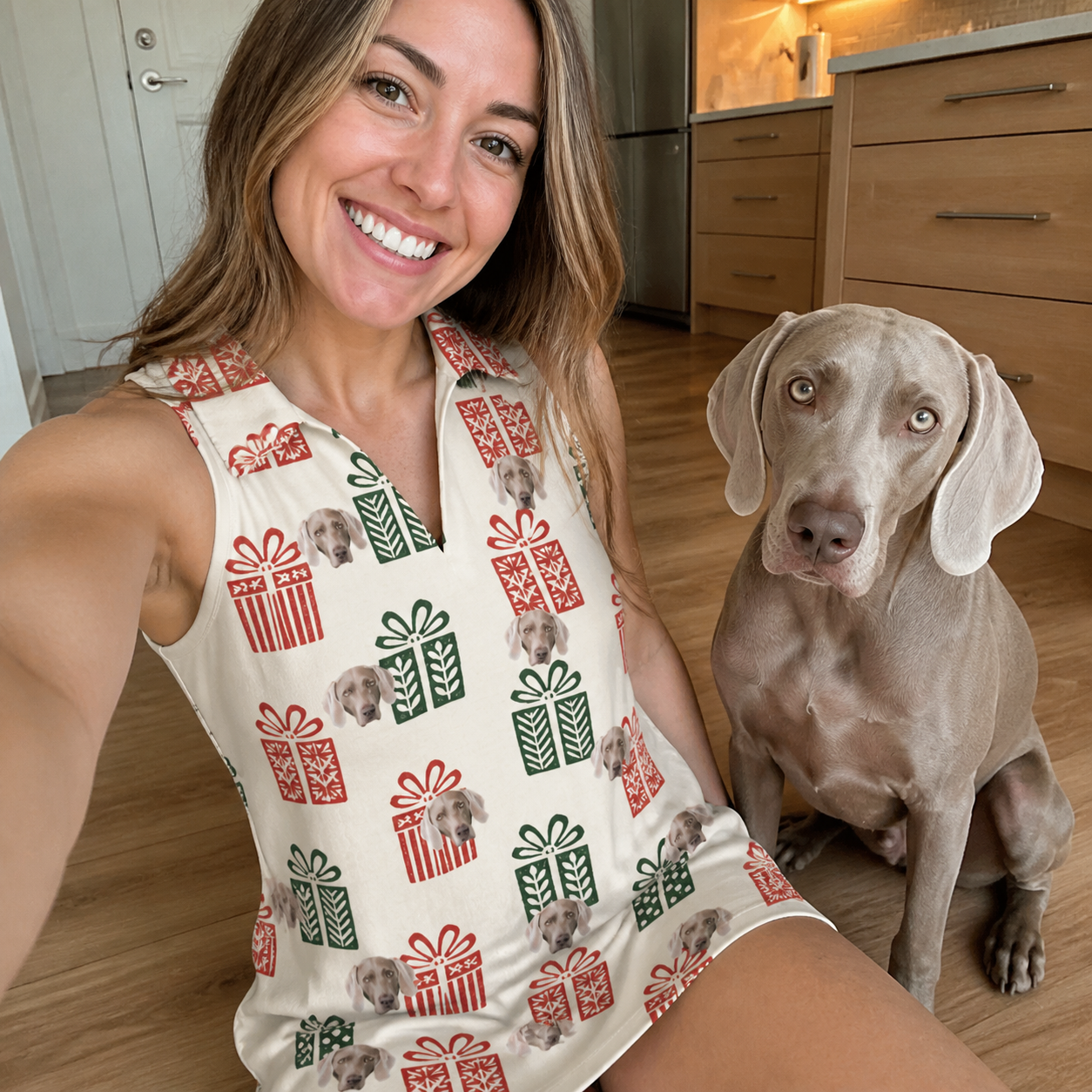 Selfie with the pet whose face is printed all over this Women's Bowtiful Bundles Custom Dog Face V-Neck Dress
