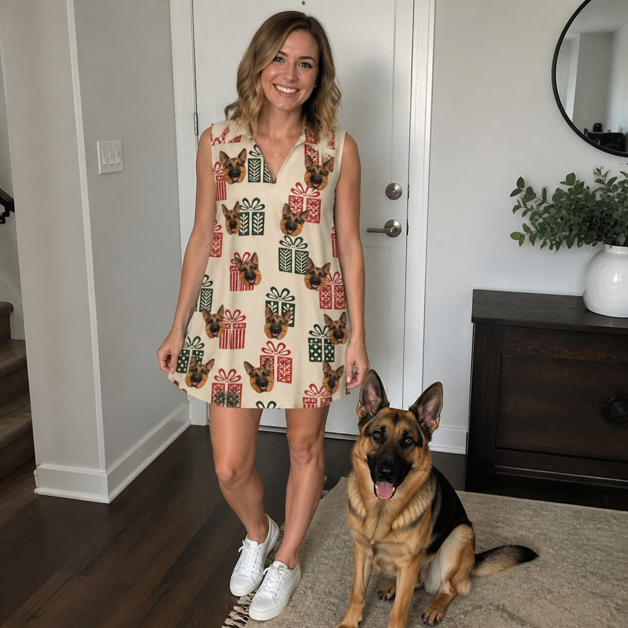 Full-length photo with the pet printed all over this Women's Bowtiful Bundles Custom Dog Face V-Neck Dress