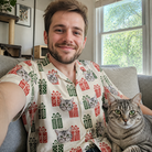 Selfie with the pet whose face is printed all over this Men's Bowtiful Bundles Custom Cat Face Hawaiian Shirt