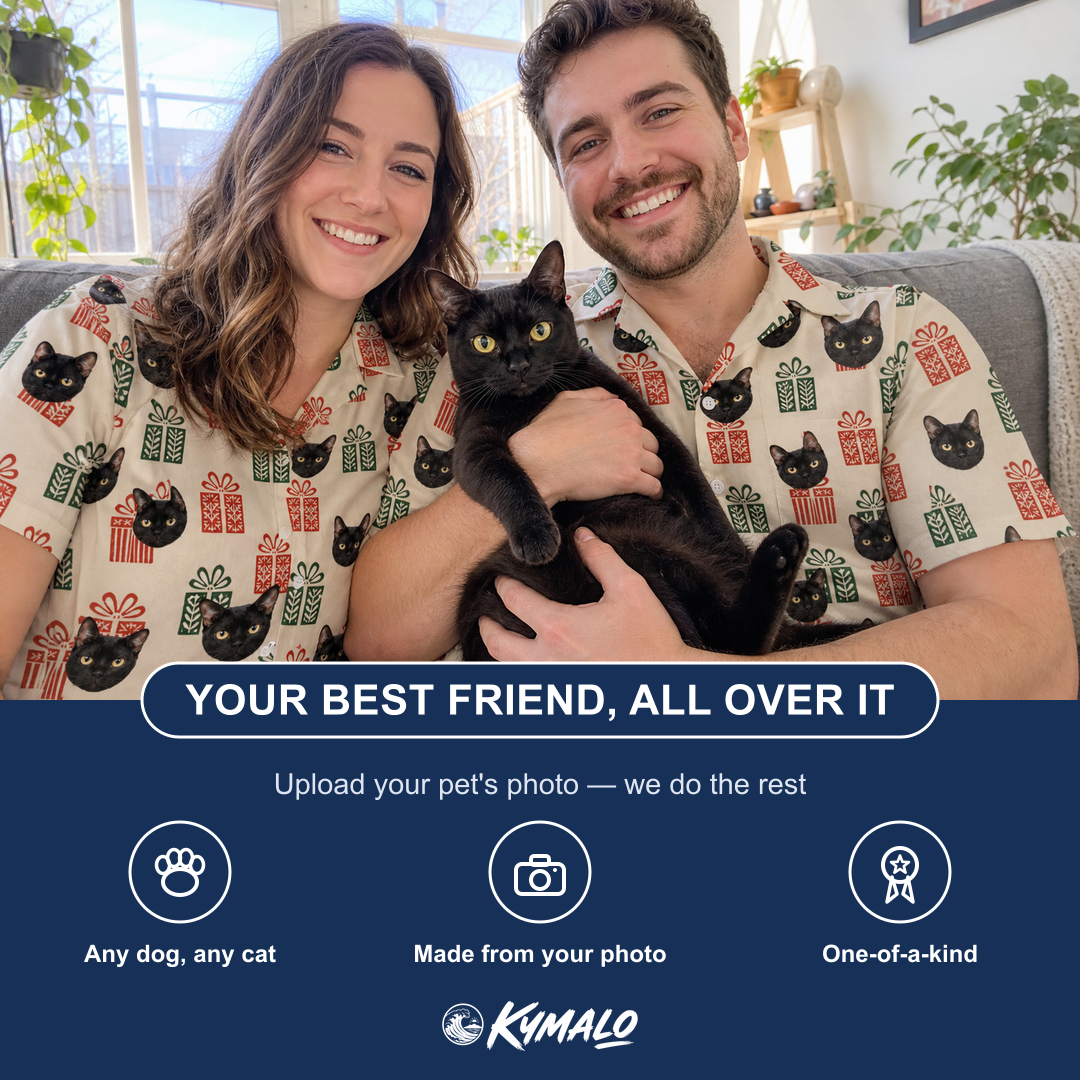 Friends in matching Men's Bowtiful Bundles Custom Cat Face Hawaiian Shirt — a group gift photo