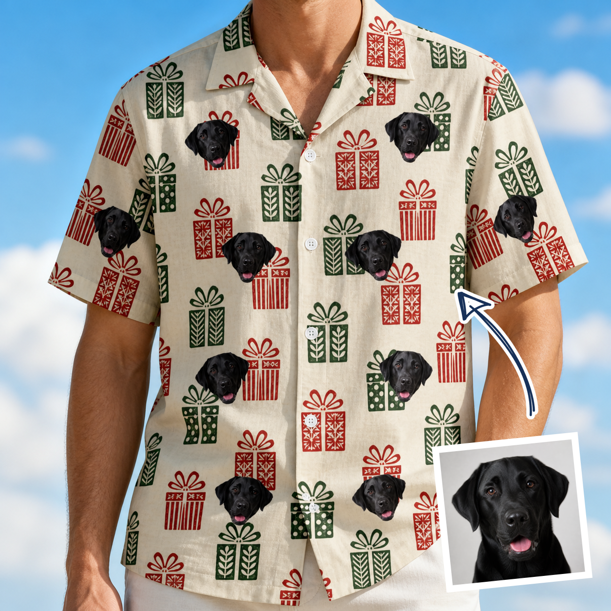 Man wearing Men's Bowtiful Bundles Custom Dog Face Hawaiian Shirt — custom faces printed all-over