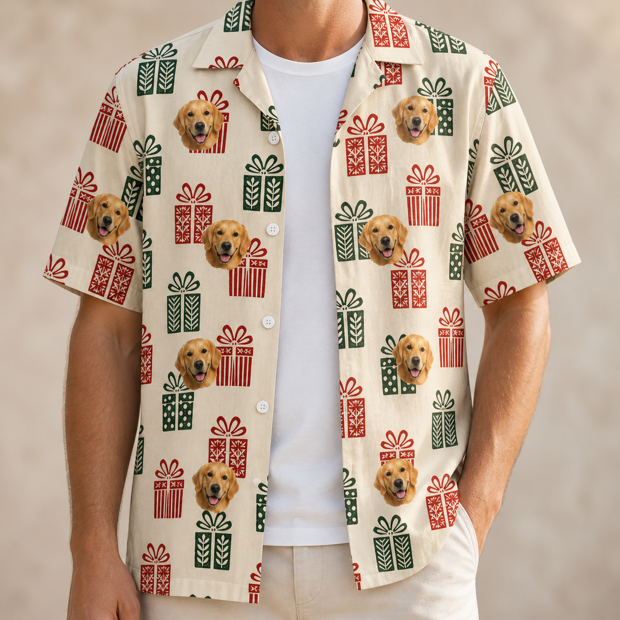 Man wearing Men's Bowtiful Bundles Custom Dog Face Hawaiian Shirt open over a white tee