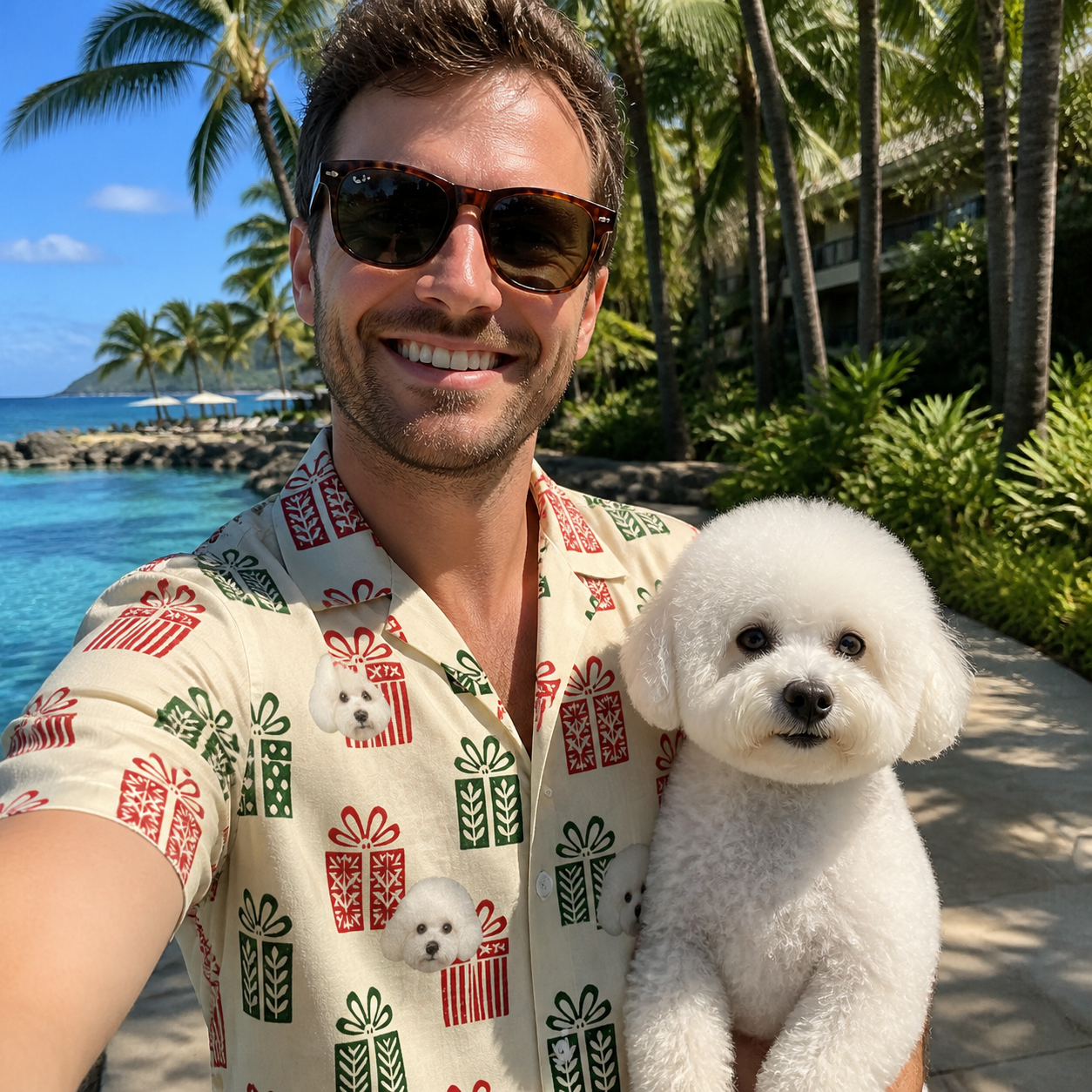 Selfie with the pet whose face is printed all over this Men's Bowtiful Bundles Custom Dog Face Hawaiian Shirt