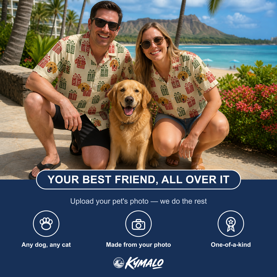 Friends in matching Men's Bowtiful Bundles Custom Dog Face Hawaiian Shirt — a group gift photo
