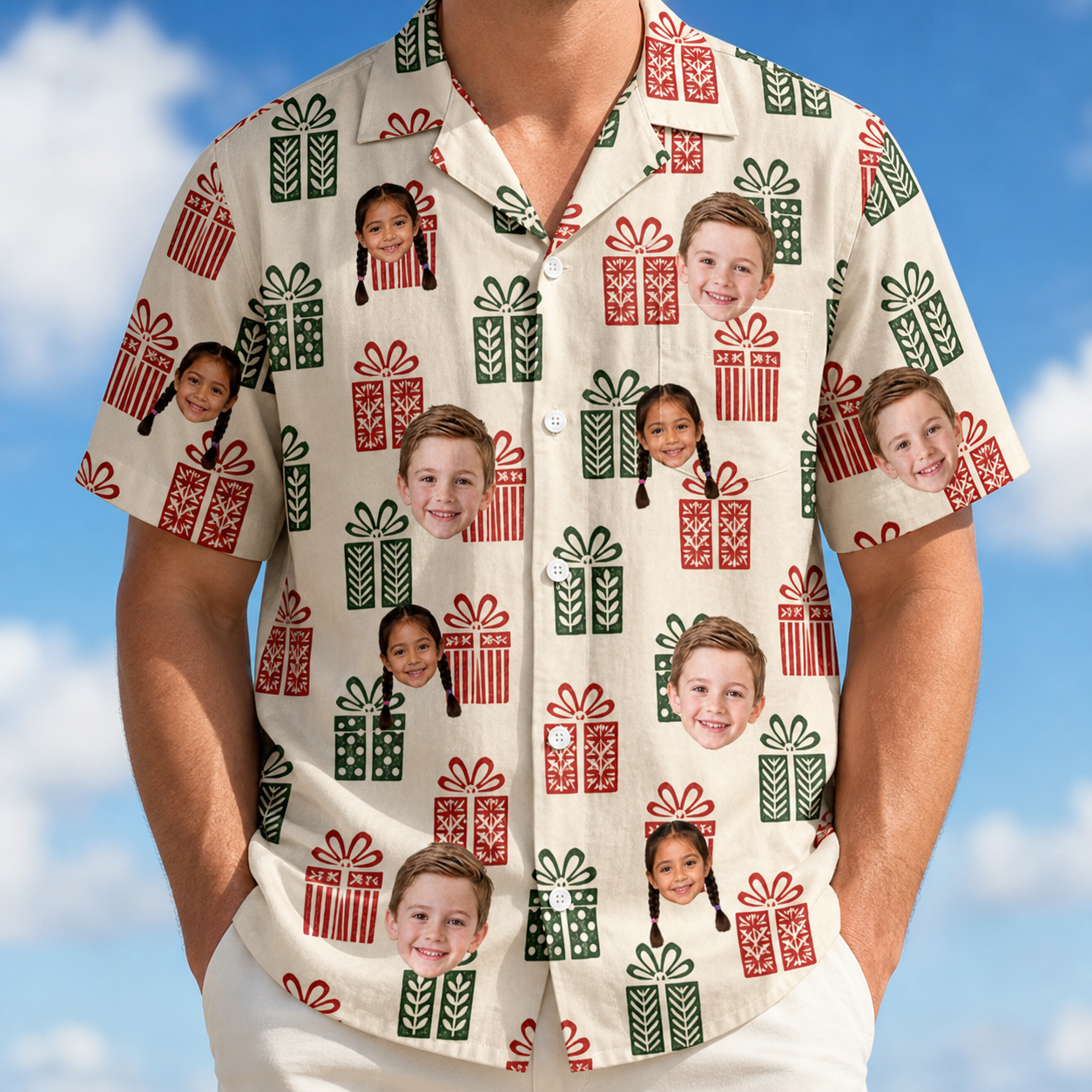 Model wearing Men's Bowtiful Bundles Custom Face Hawaiian Shirt printed with kids' faces