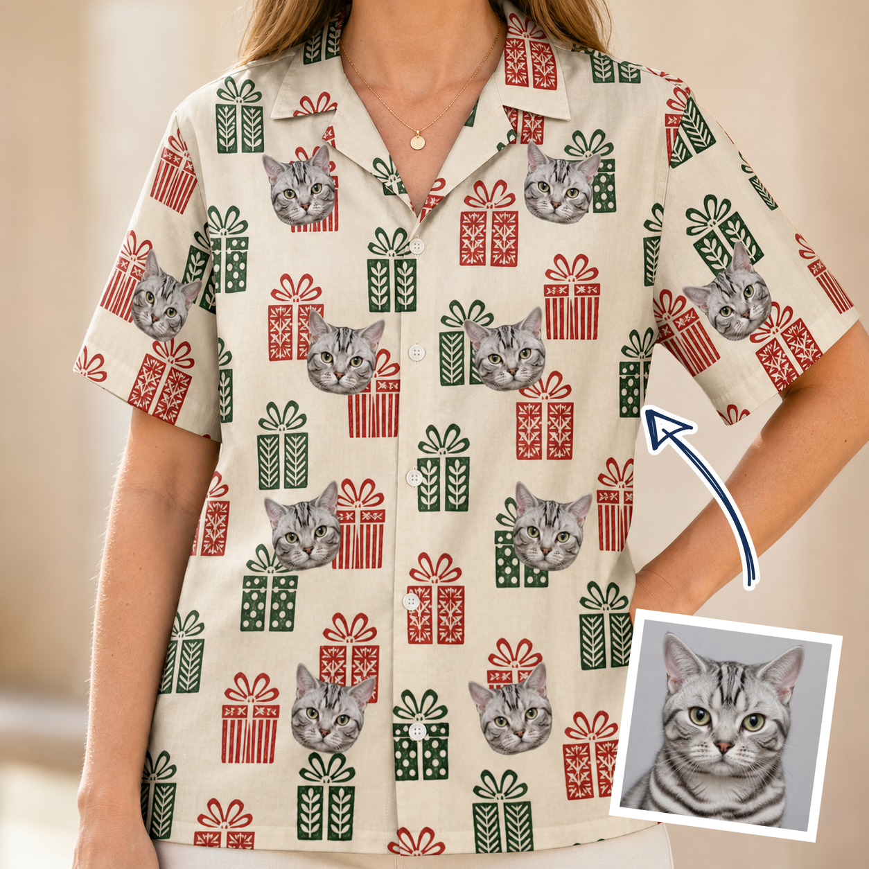 Woman wearing Women's Bowtiful Bundles Custom Cat Face Hawaiian Shirt — custom faces printed all-over