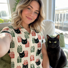 Selfie with the pet whose face is printed all over this Women's Bowtiful Bundles Custom Cat Face Hawaiian Shirt