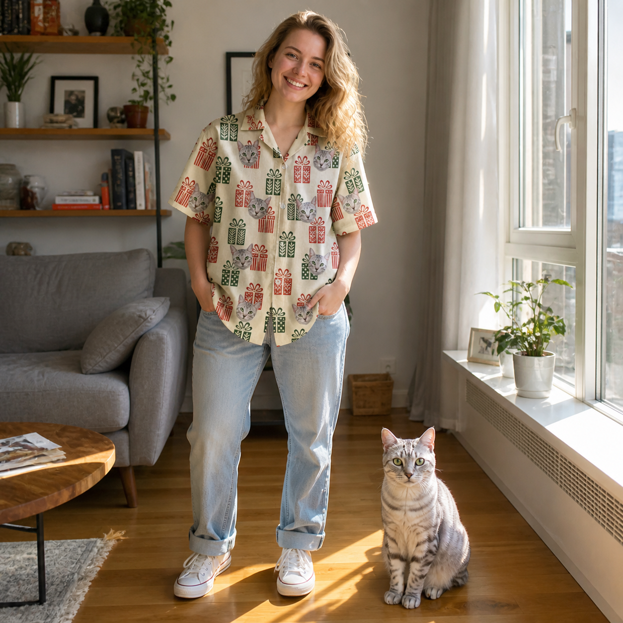 Full-length photo with the pet printed all over this Women's Bowtiful Bundles Custom Cat Face Hawaiian Shirt