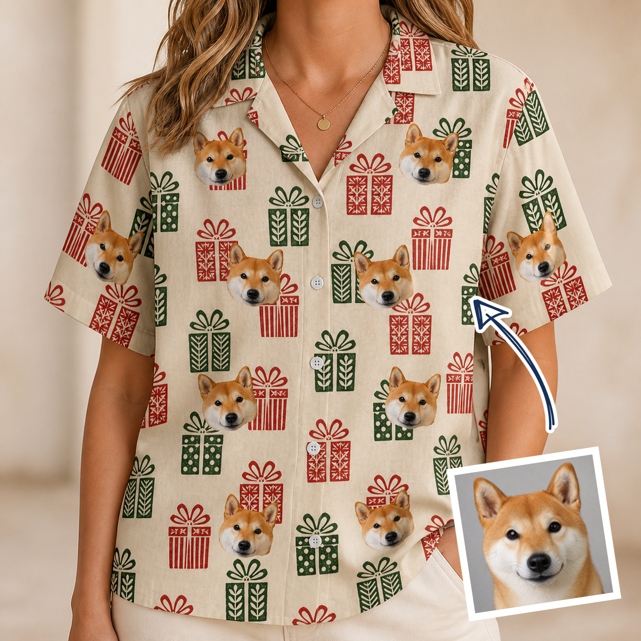 Woman wearing Women's Bowtiful Bundles Custom Dog Face Hawaiian Shirt — custom faces printed all-over
